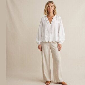 JENNIFER & GRACE NWT White Scallop Hem Cotton Puff Sleeve Blouse Sz L Romantic